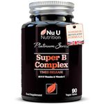 Super Vitamin B Complex - High Absorption Methylated B Vitamins - 90 Timed Release Vegan Tablets - 3 Month Supply - All 8 B Vitamins B1, B2, B3, B5, B6, B8, B9 & B12 - Nu U Nutrition