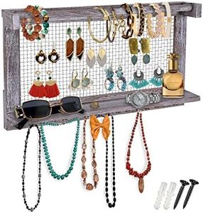 Comfify Rustic Jewelry Organizer – Wall Mounted Jewelry Holder w/Removable Bracelet Rod, Shelf & 16 Hooks – Perfect Earrings, Necklaces & Bracelets Holder – Rustic White
