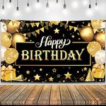 KatchOn, Black and Gold Happy Birthday Banner - Large 72x44 Inch | Black and Gold Birthday Banner | Black and Gold Birthday Backdrop for Black and Gold Happy Birthday Decorations | Happy Birthday Sign