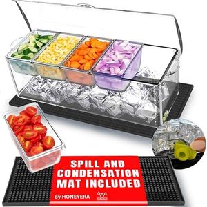 Honeyera Chilled Condiment Server with Lid - 5 Removable Compartments, Condiment Serving Tray with Ice Tray & Free Mat, Clear Fruit Organizer with Ice Chamber, Perfect for BBQs, Mimosa Bars & Parties