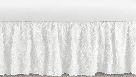 Sweet Jojo Designs White Floral Rose Girl Baby Nursery Crib Bed Skirt Dust Ruffle - Solid Flower Luxurious Elegant Princess Vintage Boho Shabby Chic Luxury Glam High End Roses