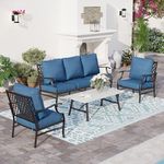 SUNSHINE VALLEY 4 Piece Metal Outdoor Patio Furniture Set, Patio Conversation Set 1 3-seater Sofa, 2 Fixed Chair with 5.75" Extra Thick Cushion and Coffee Table, Black Frame Backyard Furniture, Blue-2