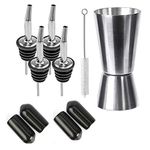 NJ Metal Bottle Pourers for Syrup Wine Olive Oil, Pouring Spouts for Liquor for Bar, Hotel, Kitchen Use Flowing with Dust Covers : Pack of 4 (with black PVC Caps) + 1 PC Peg Measure + 1 Cleaning Brush