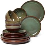 Stoneware Dinnerware Set for 4, POKINI 12 PCS Reactive Glaze Plates and Bowls Set, Handmade Ceramic Dishes Set, Highly Chip and Crack Resistant Modern Plate Sets, Brown Green