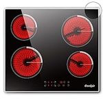 Ceramic Hob 4 Zones Electric Hob with Touch Control Built-in 60CM Ceramic Hob, 9 Power Levels, 6000W, Timer, Safety Lock, Hard Wired, Black Glass Ceramic