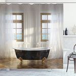 Ambesonne Retro Shower Curtain Antique Decor Set, Retro Bathtub in Modern Room Interior Hardwood Classics Space Design, Bathroom Accessories, with Hooks, 75 inches Long