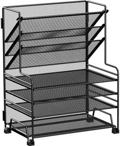 MINDEPOT 4-Tier Paper Organizer + 3-Pocket File Holder + Drawer + Pen Holders, Desktop File Organizers Paper Tray for Office Supplies School Classroom Organization (Black, No Drawer & Pen Holder)