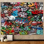 Hippie Graffiti Tapestry for Bedroom, Hip Hop Music Rap Art Colorful Large Tapestries Wall Hanging College Dorm Living Room Office Cool Trippy 80s 90s Guys Mens Teen Boys Decor 80X60" Poster Blanket