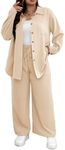 Floerns Women's 2 Piece Outfits Slit Hem Longline Blouse and Wide Leg Pants Set Beige Plus Size 3XL