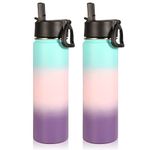 Volhoply Insulated Water Bottles with Straw Bulk 2 Pack, 22 oz Sports Bottle with Handle Lid, Double Walled Vacuum Water Thermos with Wide Mouth, Reusable Water Flask for Hiking(Gradient Color,2 Set)