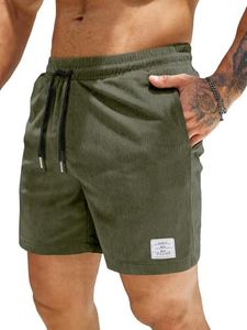 JMIERR Men Shorts Corduroy Cotton Casual Classic Fit Flat Front Elastic Waist Drawstring Lightweight Summer Beach Shorts for Men 5 Inch US 36 (Large) Moss Green
