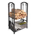 Firewood Log Rack with 4 Piece Fireplace Tool Sets Holders, Indoor Outdoor Firepit Fireplace Log Carriers Holders Storage Black Wrought Iron, 29.3'' x 11.8'' x 17.8''