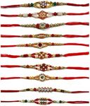 Store Indya Rakhi for Brother | Premium Rakhi Set of 10 | Designer Cotton Rakhis | Muti Studded Gem Stone Rakhis for Brother | Made with fine threads Kundan Multicolored Stone and Small White Beads Rakhee Bracelet on Festival of Raksha Bandhan for Brothers | Authentic & Made In India