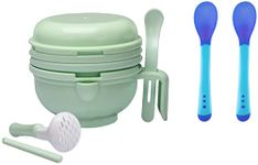 LuvLap 9 in 1 Baby Food Masher Mill, Food Grinder Cum Processor (Light Green) & Tiny Love Heat Sensitive Baby Feeding Spoons Set, 2 pcs, Blue