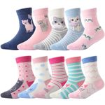 CHUNG 1-12Yrs Cotton Crew Socks for Girls Toddler Kids 10Pairs Cotton Anti-Skid Cute Animals Sox Student Casual Dress Gift,24DZ-Cat,1-3Y