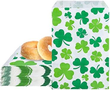 Whaline 100 Pack St. Patrick's Day Treat Bags Green Shamrock Gift Paper Bags Clover Prints Candy Treat Bags Rustic Irish Party Goodies Snack Cookie Buffet Bags for Holiday Party Favor Supplies