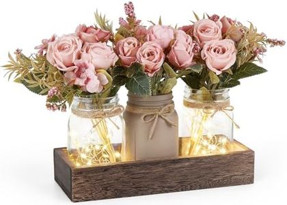 Mkono Mason Jar Lights Centerpiece Table Decorations For Dining Room Farmhouse Table Decor Tray With 3 Jars Flowers Arrangement Summer Decor For Kitchen Living Room Wedding, Pink
