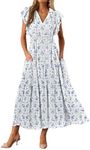 BLENCOT Womens Casual Summer Ruffle Sleeve V Neck Floral Printed Midi Dress Fashion Flowy Tiered Boho Beach Vacation Sundress Pockets P120 S