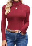 Ekouaer Turtle Neck Shirts for Women Thermal Tees Long Sleeves Base Layer Fashion Premium Ribbed Tops Wine Red S