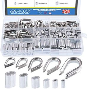 Glarks 250Pcs 304 Stainless Steel Wire Rope Cable Thimbles Combo and Aluminum Crimping Loop Sleeve Assortment Kit for Wire Rope Cable Thimbles Rigging