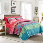 3 Pieces Colorful Bohemian Quilt Set Full Queen Size, Boho Striped Pink n Teal Printed Bedding Bedspread Coverlet Set for Summer, Soft Lightweight Microfiber Quilt with 2 Shams (88x88 inces)