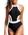 Holipick Women's One Piece Swimsuit Cutout High Neck Bathing Suits Tummy Control Swimwear for Teen Girls, Black and White, XXS