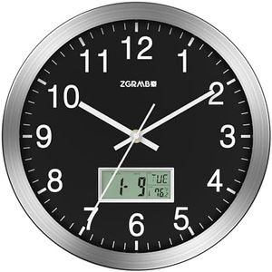 12" Atomic Analog Wall Clock with Digital Date, Week & Indoor Temp - Battery Operated Atomic Wall Clock, Auto Sets, DST, Silver Brushed Finish, Easy to Read, Style fits Any Decor (Silver & Black)