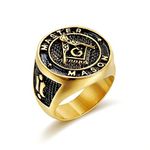 Masonic Master Mason Ring, Freemason Biker Ring for Men, Gold Plated Masonic Symbol Ring Compass Masonic Jewelry, Square Compass Freemason Ring Religious Amulet Ring for Boys (T1/2)