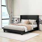 Tuconia Upholstered Platform Queen Size Bed Frame with Headboard Wooden Slats Support Easy Assembly No Box Spring Needed Black Linen