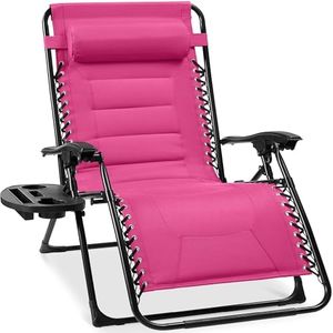 Best Choice Products Oversized Padded Zero Gravity Chair, Folding Outdoor Patio Recliner, XL Anti Gravity Lounger for Backyard w/Headrest, Cup Holder, Side Tray, Polyester Mesh - Hot Pink