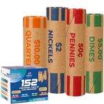 Budgetizer 152 Premium Assorted Preformed Coin Wrappers for All Coins– ABA Standard Coin Rolls Wrappers for Quarters, Pennies, Nickels and Dimes (152 Pcs)