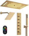 GRANDJOY Luxury LED Shower System, Bluetooth Music 23" x 15" Ceiling Mount Dual Shower Head with 8" Shower Head & Handheld Sprayer, Brushed Gold