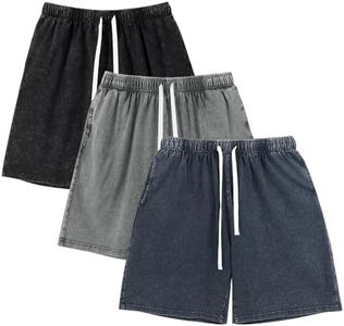 Gihuo Mens Sweat Shorts Cotton Athletic Shorts Vintage Acid Wash Elastic Waist Drawstring Workout Shorts with Pockets(BlackDarkGreyNavy-M)