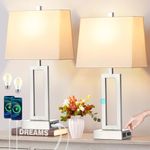 Touch Control Table Lamps for Living Room, 3-Way Dimmable Modern Table Lamp with USB A+C Charging Ports & AC Outlets, Bedside Contemporary Nightstand Desk Lamps with Fabric White Shade for Bedrooms