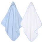 2 x Hooded Baby Towel Soft 100% Cotton Bath Wrap Pack of Two Towels, Blue & White