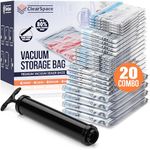 ClearSpace Vacuum Storage Bags, Space Saver Bags – 20 Combo Vacuum Seal Bags for Clothing, Blanket Storage, Clothes Storage – Vacuum Sealer Bags, Storage Bags or Travel Bags, Hand Pump Included