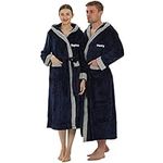 2pc His and Her Hooded Plush Robes with Custom Names - Personalized Couple Robes for Women & Men - Luxurious Spa Bathrobes - Navy