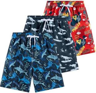 Todbiccz Boys Swim Trunks 3 Pack, Quick Dry Bathing Suit, UPF 50+, Mesh Lining, Beach Shorts for 5-16 Years Shark
