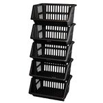 Large 5 Tier Stacking Baskets Storage Veg Rack Plastic Stackers, Black, Length 35.5 cm x Depth 30 cm x Height 17.5 cm (Black)