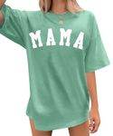 QAUN Womens Mama Tshirts Oversized Mama Letter Print Shirts Casual Short Sleeve Tops(Green, Large)