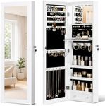 JOYUSAEN Mirror Jewelry Organizer, Wall/Door Mounted Jewelry Armoire with Full-Length Mirror,Hanging Jewelry Cabinet with LED Interior Lights, White