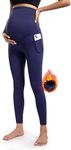 POSHDIVAH Women's Maternity Fleece Lined Leggings with Pockets Pregnancy Thermal Warm Winter High Waist Yoga Workout Running Active Wear Tights Pants Navy Blue XX-Large