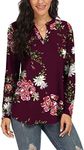 Neineiwu Women Casual Split V Neckline Loose Tunic Blouses Long Sleeve Tops, B08 Flower Wine Red, Large