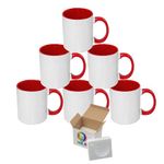 MR.R Set of 6 Sublimation Blanks Dishwasher White Ceramic Mug Porcelain Coffee Cup with Inner Handle Color RED Round Handle 11oz for Heat Transfer Printing