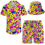 ifamawlea Men's 2 Piece Tracksuit Hawaiian Shirt Shorts Button Down Shirt and Shorts Sets with Bucket Hats, Retro 80s 90s Graphics1, X-Large