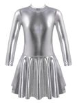 FEESHOW Girls Kids Sequins Shiny Metallic Long Sleeve Ballet Dance Dress Jazz Hip Hop Performance Costumes, A Silver, 6 Years