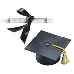 Black Plastic Graduation Cap Cake Topper with Large Paper Diploma Cake Topper