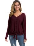 IWOLLENCE Womens Loose Henley Blouse Bat Wing Long Sleeve Button Down T Shirts Tie Front Knot Tops Wine Red