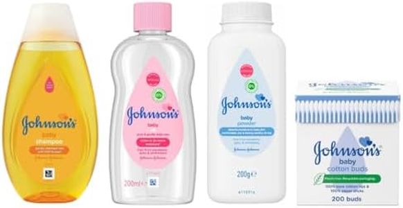Johnson's - Paquete de 4 artículos esenciales para recién nacidos con nuestro suave aceite para bebés de 200 ml, champú para bebés de 200 ml, talco para bebé de 200 g y bastoncillos de algodón de los