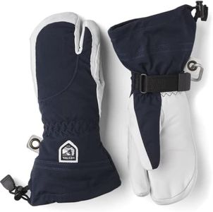Hestra Womens Extra Warm Ski Gloves: Heli Leather Winter Cold Weather 3-Finger Mitten, Navy/Off White, 7